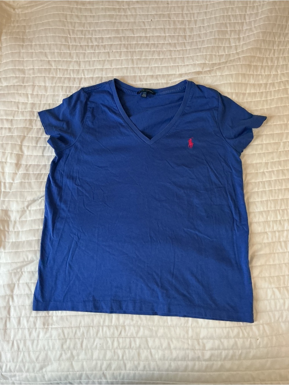Ralph Lauren V-Neck Tee in Royal Blue with Pink Logo - Picture 3 of 8